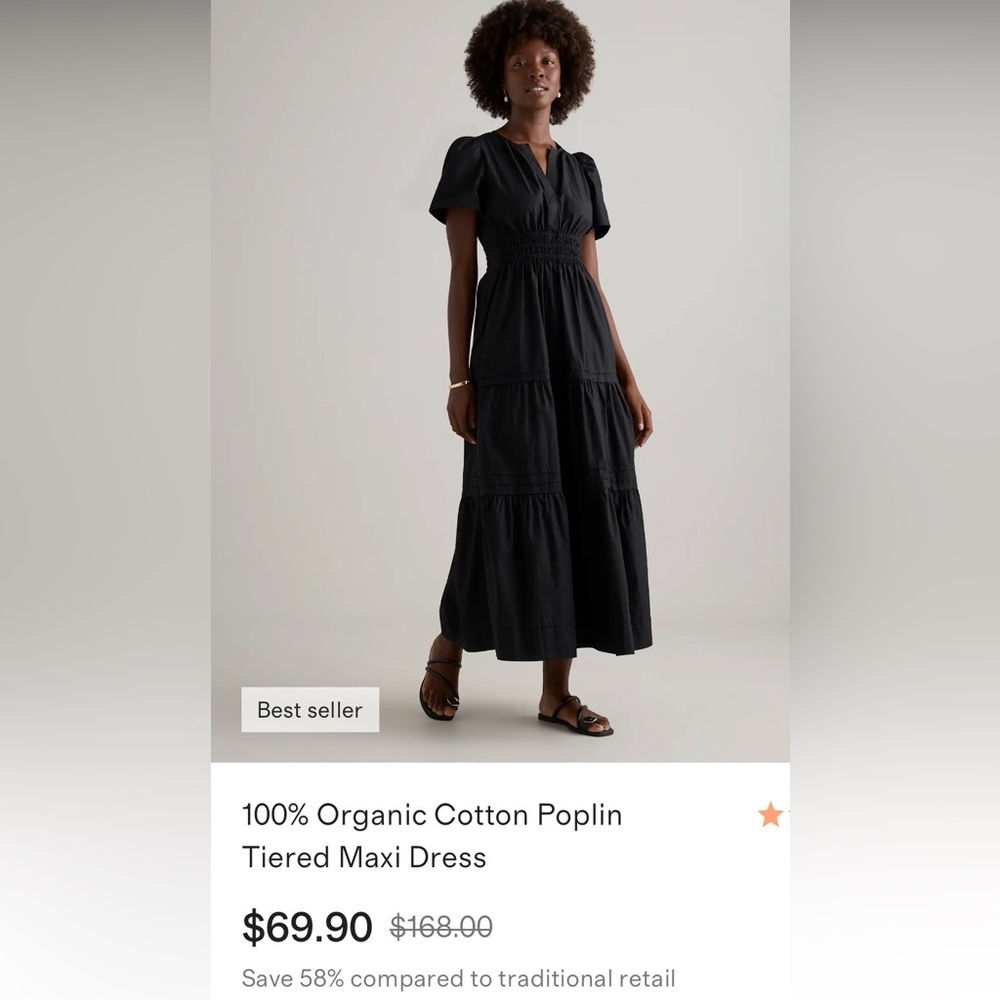 QUINCE Organic Cotton Tiered Poplin Maxi Dress- Black